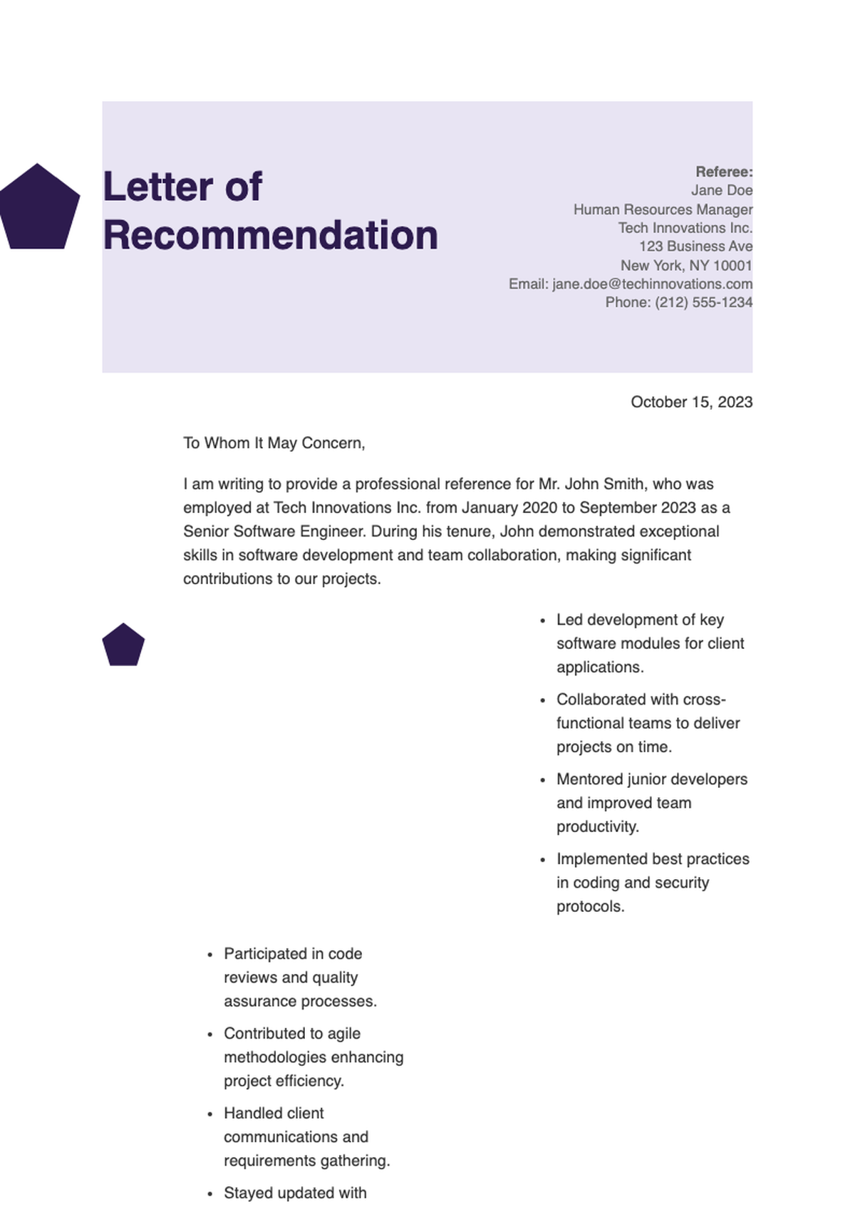 Professional letter of recommendation template with purple accents_variant_3